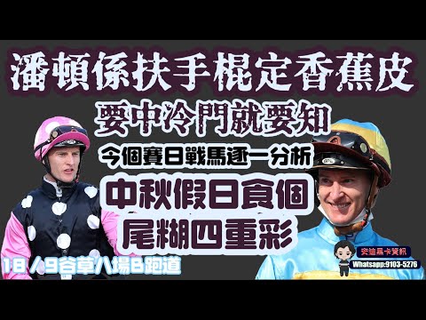 要中冷門就要知,潘頓係扶手棍定香蕉皮.今個賽日戰馬逐一分析.18/9谷草八場B跑道.中秋假日食個尾糊四重彩.