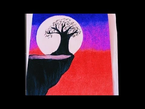 Moonlight oil pastels painting step by step |Green tree painting