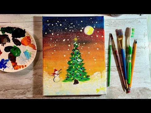 Easy Winter Christmas Tree and Snowman Beginners Acrylic Tutorial Step-by-step | Paint With Me!