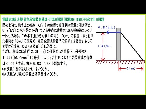 電験3種 法規 支線の計算 電気設備技術基準-計算B問題 平成2年B問題-009