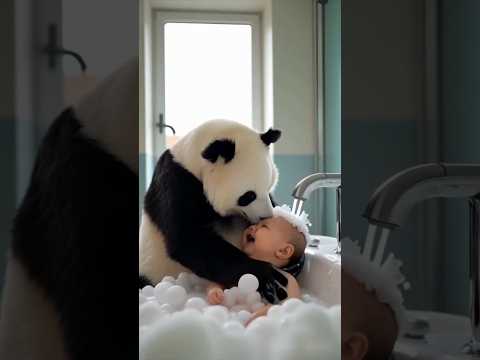 PANDA Baths Baby! Adorable Home Video ,Purrfect Bath , Baby  Unlikely Bath Time , PANDA and Baby