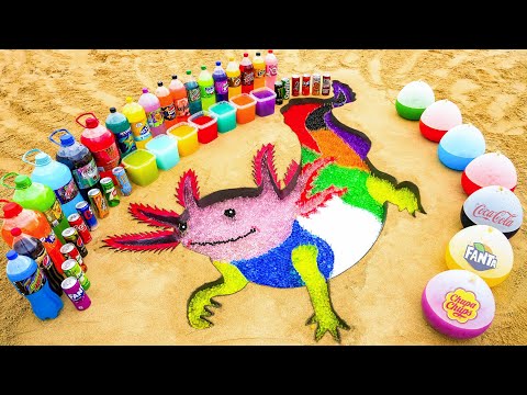 How to make Rainbow Axolotl with Orbeez, Balloons of Coca Cola, Mtn Dew, Monster, Fanta and Mentos