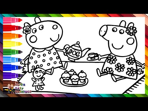 Draw and Color Peppa Pig and Suzy Sheep at a Tea Party 🐷🧸🫖🍵🧁🐑🌈 Drawings for Kids