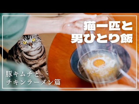 妻不在につき、愛猫に見守られながら豚キムチキンラーメンをすする【猫一匹と男ひとり飯】