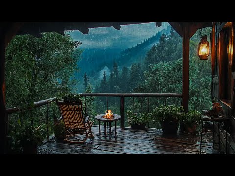 Rainy Balcony Ambience - Rain On Roof with Fire Pit Sounds - Deep Sleep, Relaxation, Work, Study