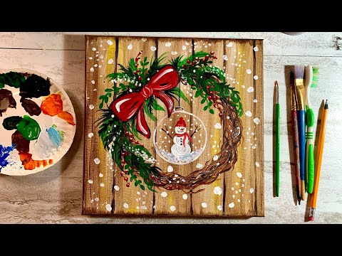 Festive Wreath Canvas Painting | How to Paint Wreath on Canvas using Acrylic Paint | Paint With Me!