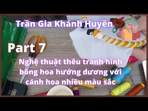 Nghệ thuật thêu tranh hình bông hoa hướng dương với cánh hoa nhiều màu sắc