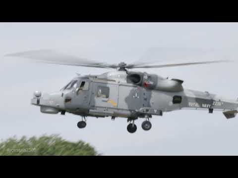 Two Royal Navy Wildcat Helicopters visiting City Airport Manchester