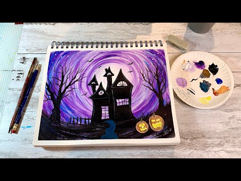 Halloween Painting | Step by step Acrylic Painting | How to Paint Hunted House Using Acrylic Paints