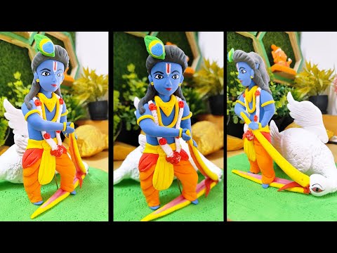 Cute Krishna idol making with super Clay 🙏🦚 Jai shree krishna 🦚❤️ #diy #clayidol #krishna