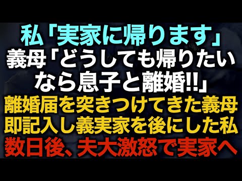 【スカッとする話】私「実家に帰ります」義母「どうしても帰りたいなら息子と離婚！！」離婚届を突きつけてきた義母即記入し義実家を後にした私数日後、夫大激怒で実家へ…【修羅場】