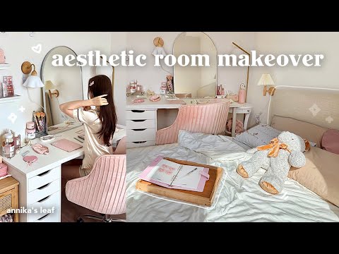 EXTREME bedroom transformation🎀🧸 aesthetic room makeover, vanity desk setup, cozy pinterest inspired