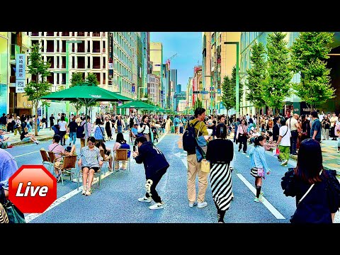 🔴 Tokyo Live Ginza Walk ~ Luxury Shops, Sunday Street Scenes, [Japan Walking Live] • 銀座散策、日曜の歩行者天国