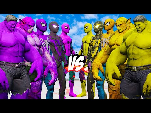 TEAM YELLOW ( 3 HULK & 2 SPIDER-MAN) VS TEAM PURPLE ( 3 HULK & 2 SPIDER-MAN) - EPIC SUPERHEORES WAR