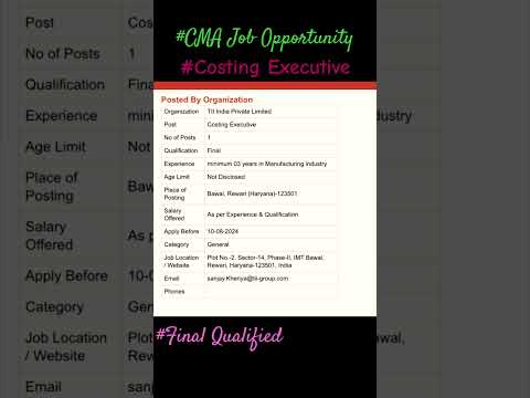 CMA JOB OPPORTUNITY | Costing Executive | Final Qualified Students | #cmafinals #cmajobs #cma