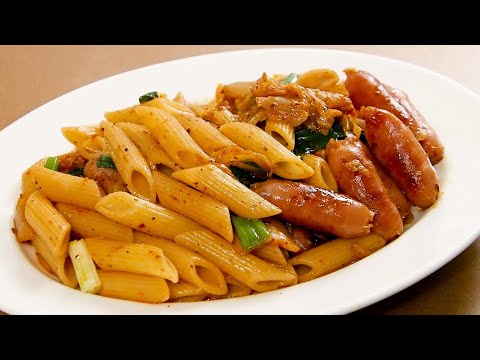 Kimchi penne rigate with small sausages