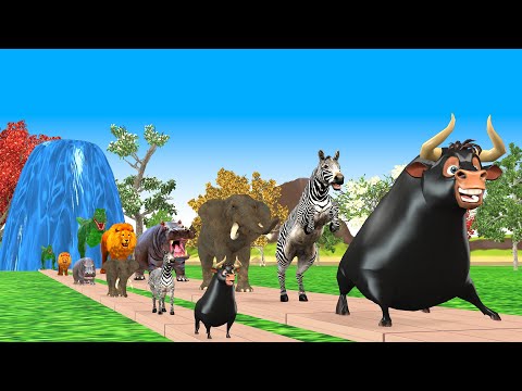 Paint & Animals Cow,Gorilla,Elephant,Lion,Tiger,Dinosaur, Fountain Crossing Transformation Cartoon