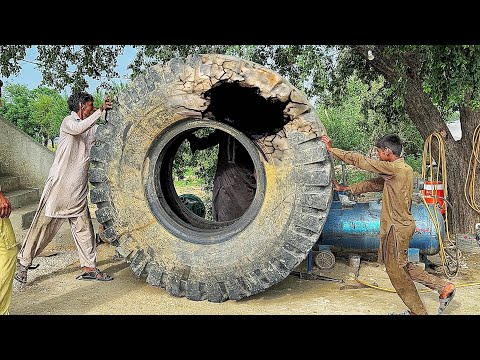 Amazing Technique Of Repairing Caterpillars Monster Cut Tire || Restoration Of Old Tire