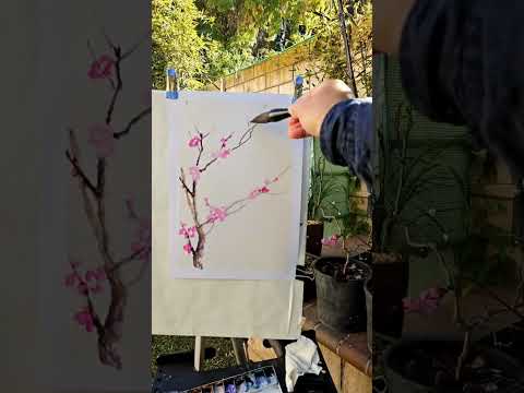 backyard plein air watercolor painting blooming plum blossoms chinoiserie style