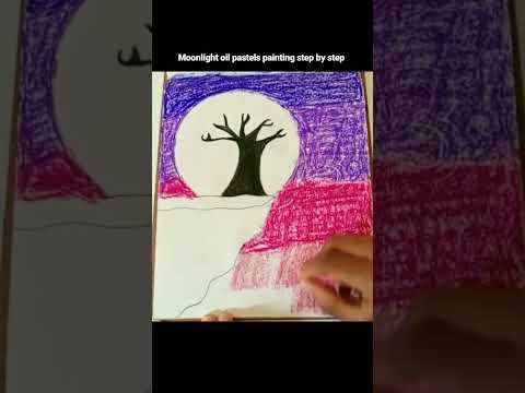 Moonlight oil pastels painting step by step |Green tree painting #durgeshinventus #shorts #art