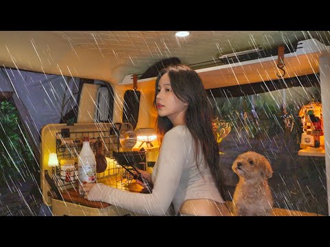 ☔️SOLO CAMPING in the  Heavy rain Car camping | small camping car | Gold button