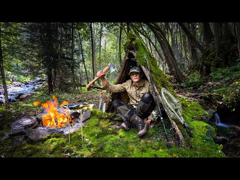 SOLO SURVIVAL | CATCH & COOK wild Mountain TROUT at my survival SHELTER!