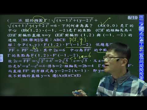 B4--4-2--練習卷--多選8--88學測---給定非標準型的橢圓定義型方程式，求中心、焦點、短軸長、對稱軸方程式