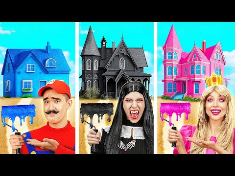 One Colored House Challenge 🎨 Wednesday Addams vs Mario* Extreme Room Makeover by Rocketmons!