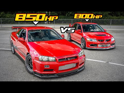 850HP Skyline R34 VS 800HP Evo 8 - AWD JDM Legends! (RB30 VS 4G63)