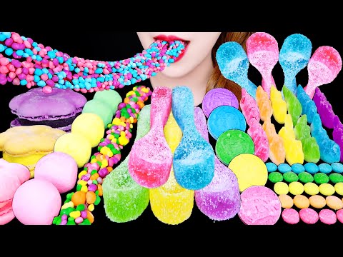 ASMR SPOON JEWEL CANDY, COTTON CANDY, STAMP CANDY *RAINBOW FOODS* EATING SOUNDS MUKBANG 먹방 咀嚼音