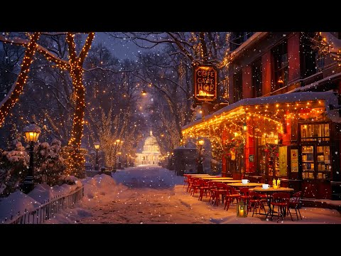 Relaxing Jazz Music at a Cozy Winter Outdoor Cafe - Smooth Jazz Melody in a Snowy Atmosphere