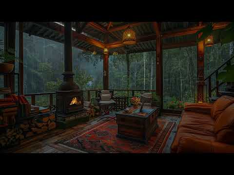 Cozy Balcony Rain In Forest: Soothing Fireplace and Heavy Rain Sounds for Sleeping, Healing in 8 Hrs