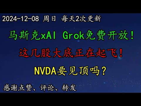 美股 马斯克xAI Grok免费开放！这几股大底起飞！NVDA见顶吗？BRK如何预期？耶伦：新政府或致金融监管削弱！AAPL、FUBO、TLT、COIN、ARKK、PYPL、BRK、AMD、NVDA