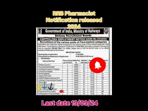 RRB PHARMACIST NOTIFICATION RELEASED 24| LAST DATE 19/09/24#rrb #railway #pharmacist #viral #shorts