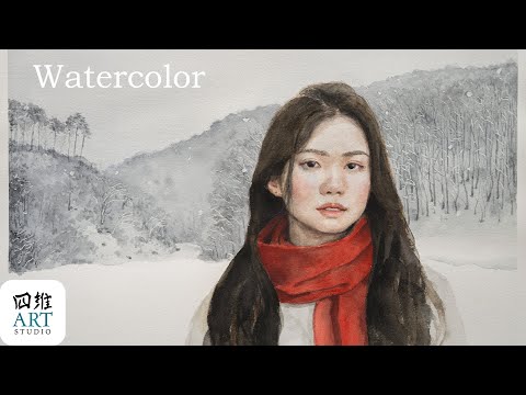 水彩人物画，雪地里的红围巾女生