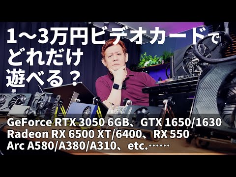 1~3万円GPUを比べてみた。安めのGPUでゲームはどれくらい遊べる？ RTX 3050 (6GB)、GTX 1650 G6 、 RX 6500 XT/6400/550、Arc A580/A380