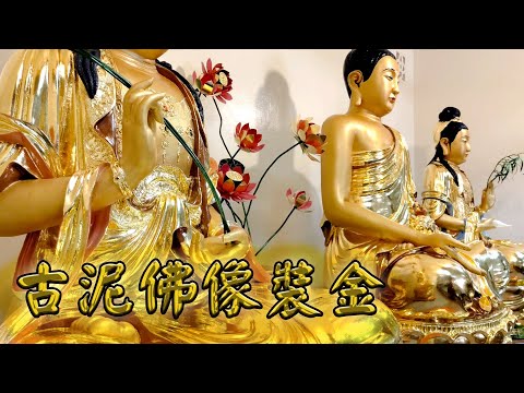 【佛像裝金 - 清泉寺】歡迎來禮佛。70年前環境艱苦，只以三泥團作為西方三聖禮拜，20年後請雕塑師 現場將三泥團雕塑為三聖像，50年後於今重新裝金圓滿