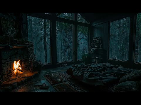 Dark Room In Thunderstorm Night | Crackling Fireplace, Heavy Rain and Thunder Sounds To Sleep, Rest