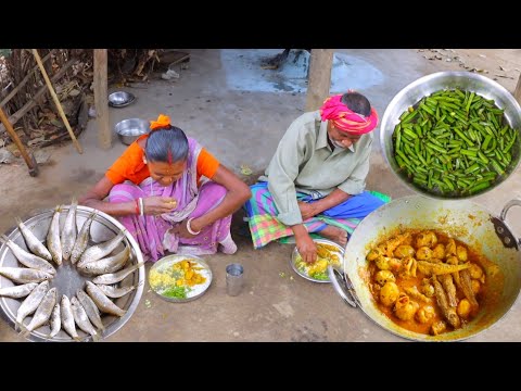 Small Fish curry and Vegetables fry cooking & eating by santali tribe old couple