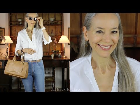 Longchamp Balzane Saddle Bag, Skinny Jeans, White Button Up Shirt / Classic Fashion Over 40