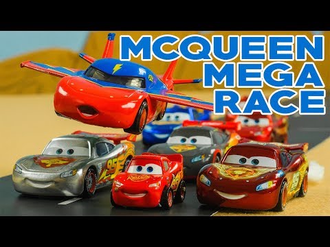 Who is the REAL McQueen? Lightning McQueen Mega Race Disney Cars fly and race