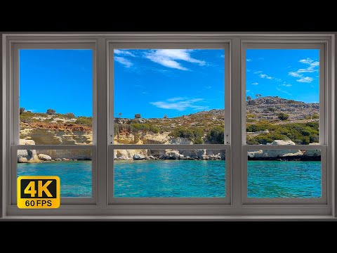 4K Greece beach window view - Relaxing, Calming, Ambience