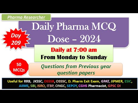 Day 209 Daily Pharma MCQ Dose Series 2024 II 50 MCQs II #exitexam #pharmacist #druginspector #dsssb