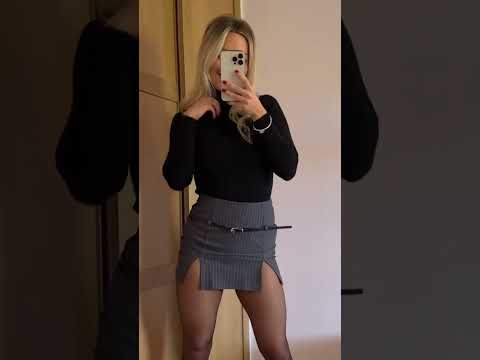 Office Woman Showing Off Black Pantyhose Legs and Skirt Outfit for Work