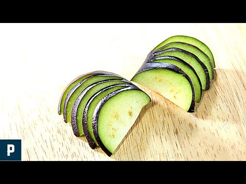 Cutting eggplant for Japanese Tempura