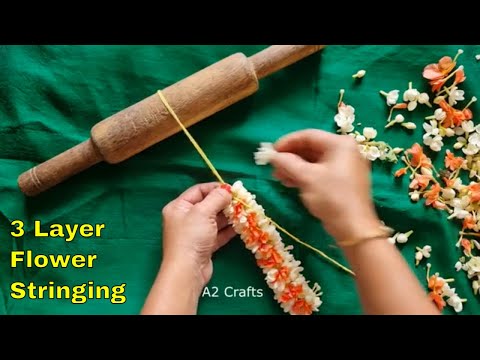 An easy way to tie Jasmine Flower and  fire crackers /kanakambaram flower garland ||  3layers String