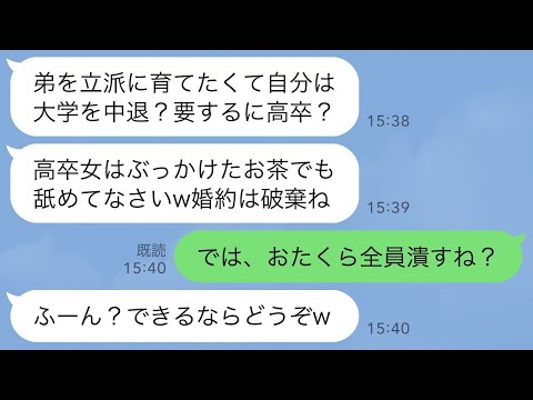 【LINE】俺を育てるため大学を自主退学した姉と結婚挨拶で姉にお茶をぶっかけた義両親「親戚が高卒なんて恥！婚約は破棄よw」→ブチ切れた俺が全力で義家族を潰した結果www