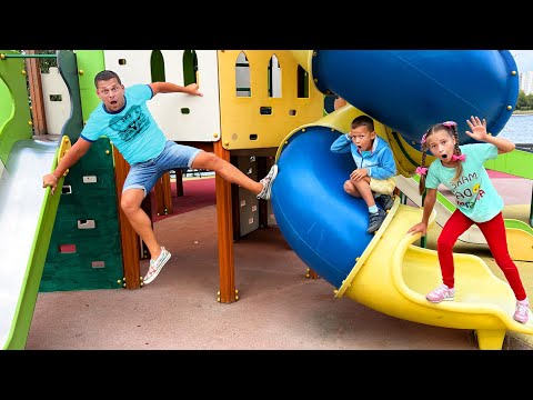 The Floor is Lava on the Playground! Sofia & Max pretend to play with Dragons