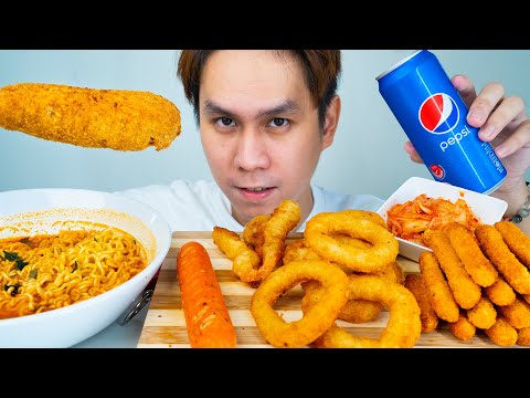 ASMR FOOD! SHIN RAMYUN, CHEESY SAUSAGE, CRISPY CHICKEN FINGER, SQUID,  KIMCHI & PEPSI EATING SOUNDS!