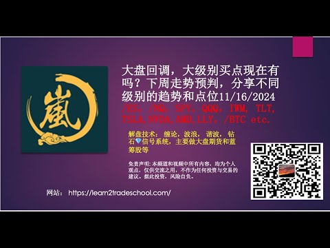 大盘回调，大级别买点现在有吗？下周走势预判，分享不同级别的趋势和点位11/16/2024/ES，/NQ，SPY，QQQ，IWM, TLT, TSLA, NVDA, AMD  etc